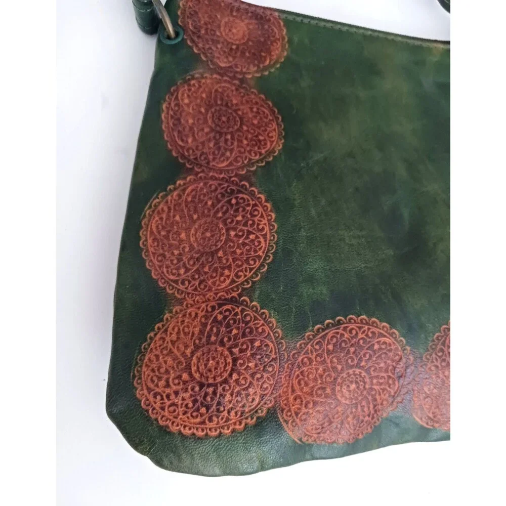 NEW Dk Green Leather Slim Crossbody Bag Embossed Medallion Print Boho Festival - Picture 2 of 6